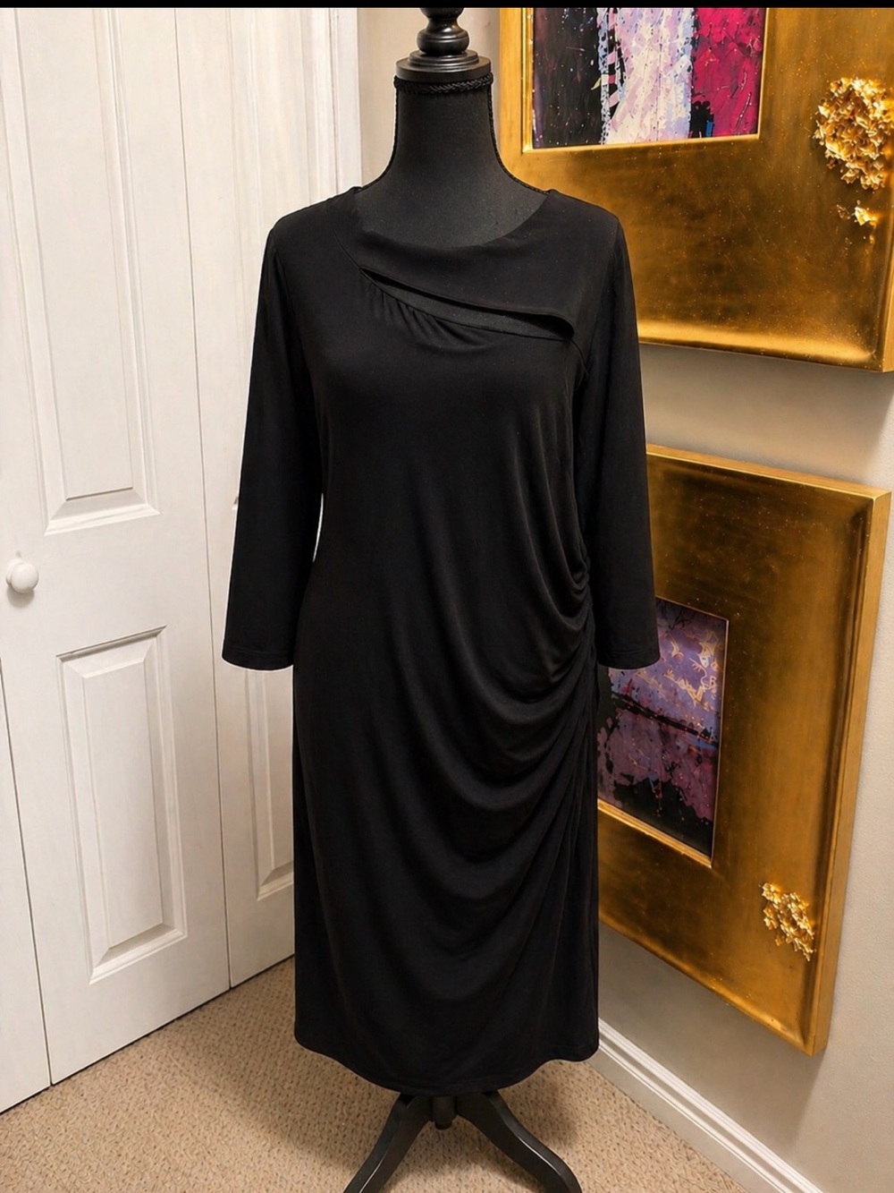 Tiana B Black Draped Jersey Cocktail Midi Dress
